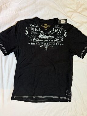 Sean John Black Short Sleeve Graphic V-Neck Tee
